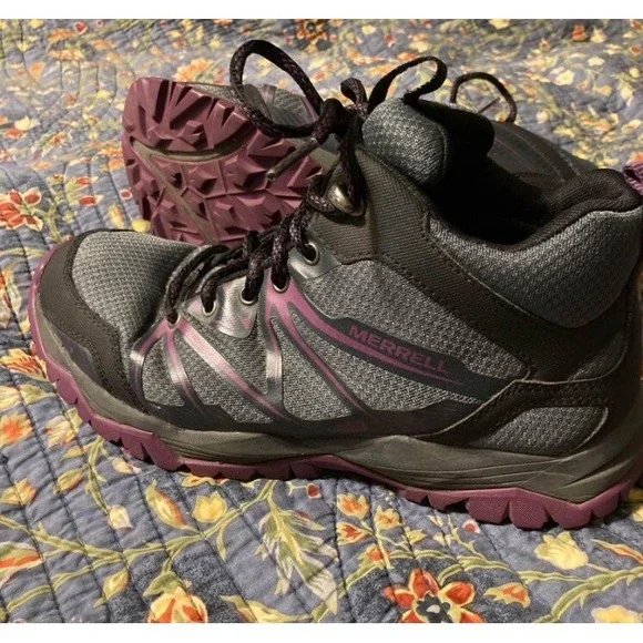 Merrell Womens Hiking Boots Size 8 Mid Womens Gray Purple Lace up Trail Shoes - Picture 3 of 9